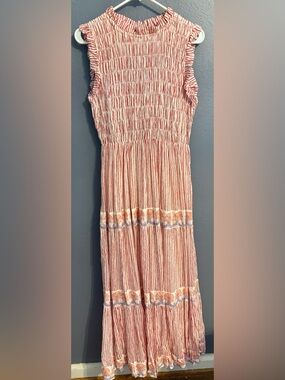Oliphant Pink Striped Smocked Ruffle Maxi Dress
